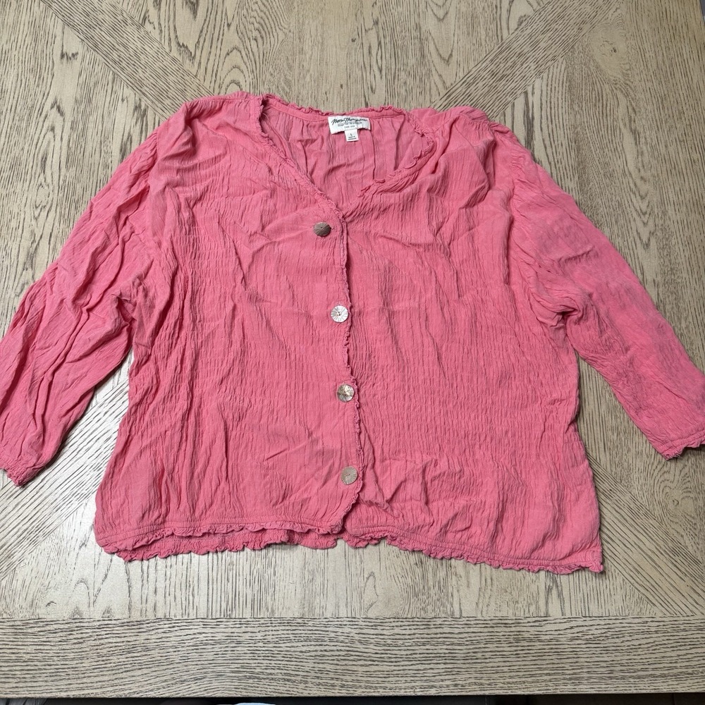 Vintage‎ Norm Thompson Large Pink Button Front V-neck Textured Blouse VTG